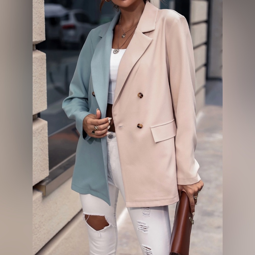 NEW! Color Block Two-Tone Oversized Double Breasted Blazer Jacket - Picture 5 of 6